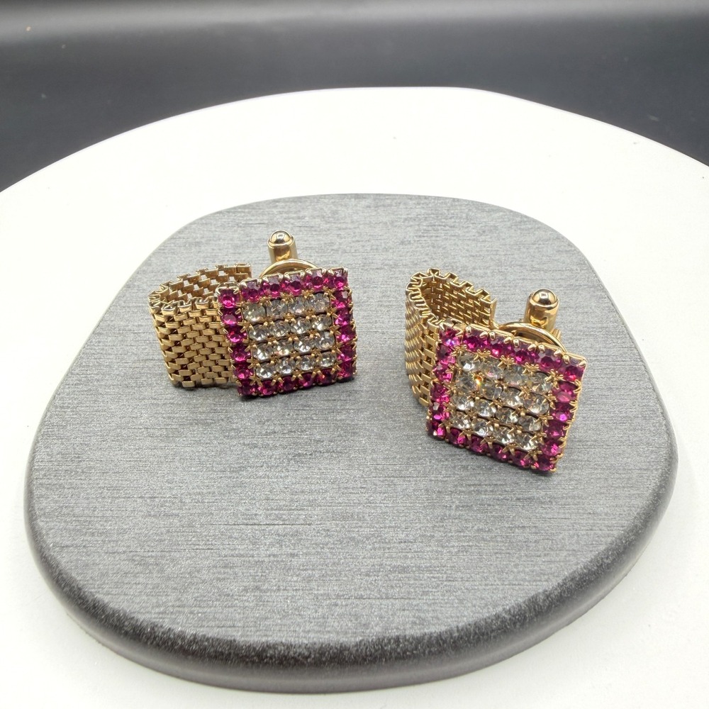 Gold Tone Pink Clear Rhinestone Square Wraparound Mesh Cufflinks Formal Jewelry
